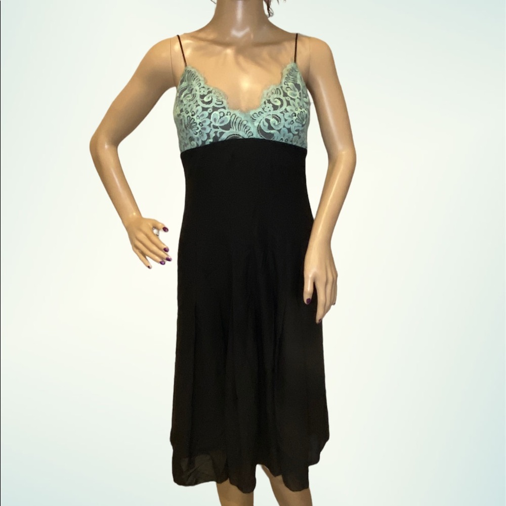Nicole Miller Black Silk Green Lace After 5 Cocktail Evening Dress Size 4 VGC